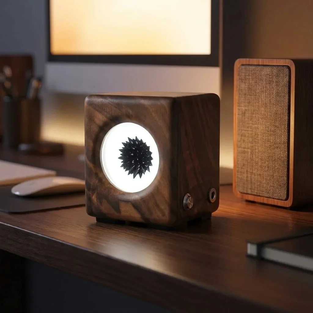 Ferrofluid lamp van notenhout