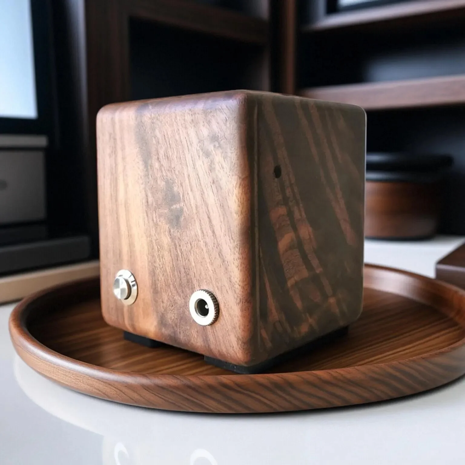 Ferrofluid lamp van notenhout