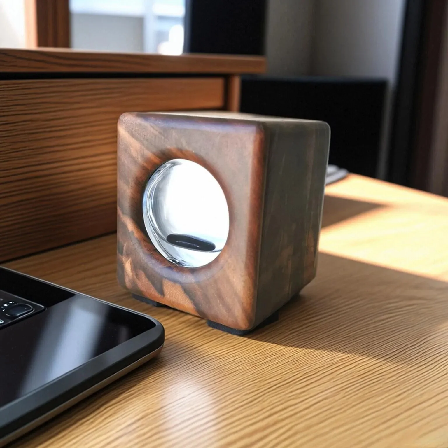 Ferrofluid lamp van notenhout