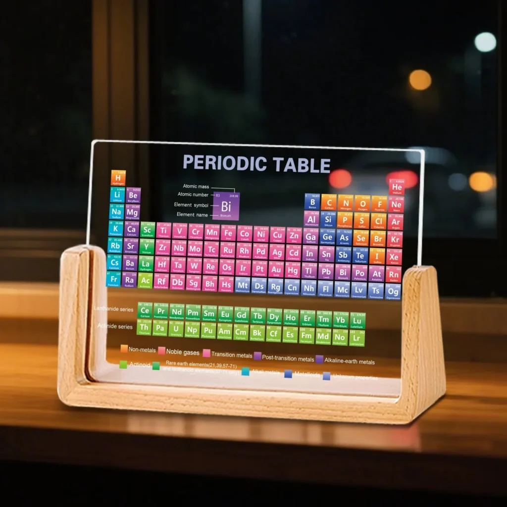 Periodiek systeem acryl op houten voet